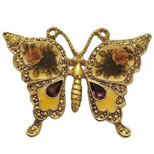 1928 Brand Purple Rhinestone Butterfly Rose Flower Pin, Victorian Theme